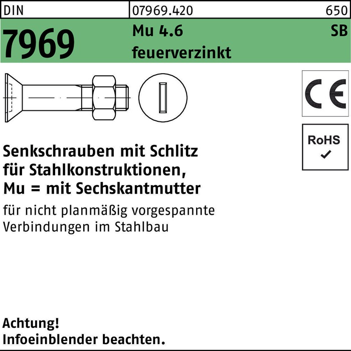 Senkschraube DIN 7969 U/CE Schlitz/Mutter M16x 45 4.6 feuerverz. 50St.