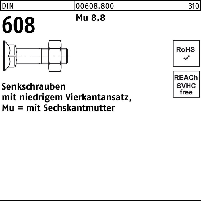 Senkschraube DIN 608 4-ktansatz/6-ktmutter M12x 35 Mu 8.8 100 Stück