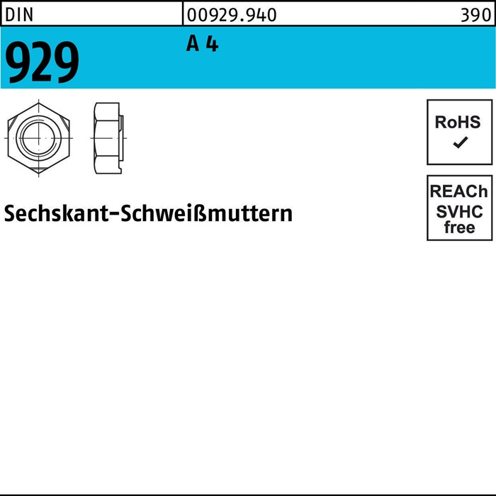 Sechskantanschweißmutter DIN 929 M16 A 4 25 Stück