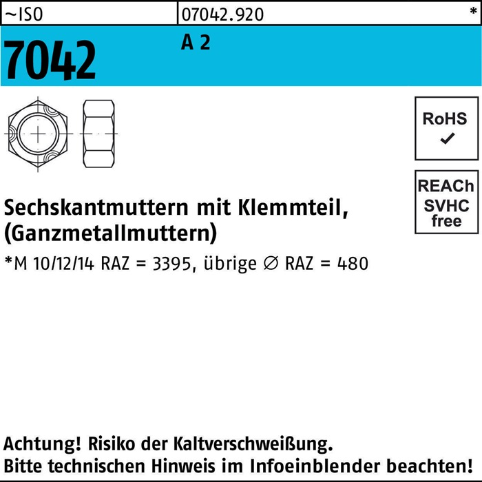 Sechskantmutter ISO 7042 Klemmteil M3 A 2 1000 Stück