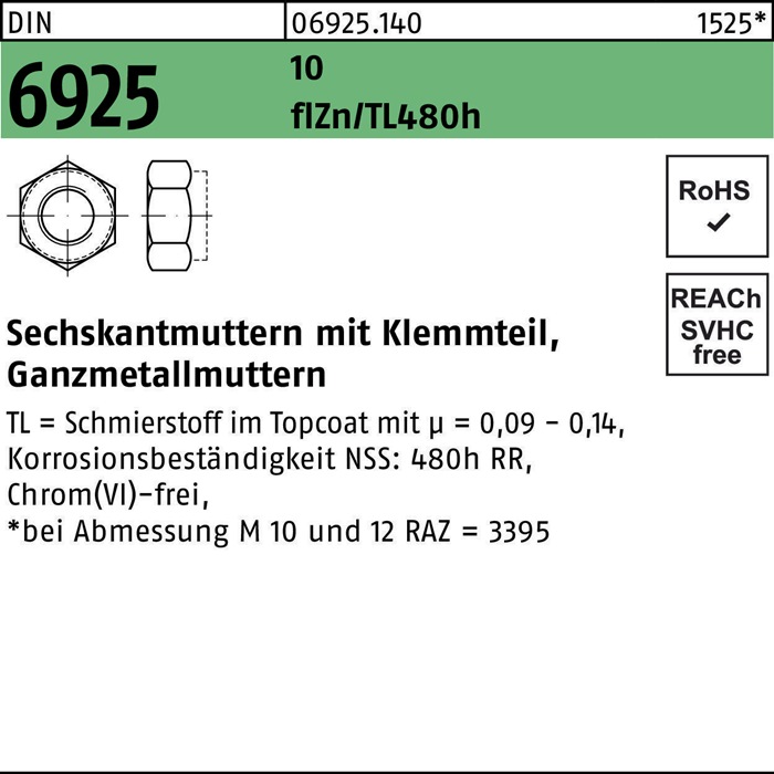Sechskantmutter DIN 6925 Klemmteil M20 10 flZnnc 480h-L 50St.