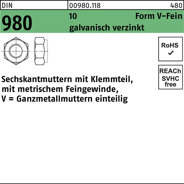 Sechskantmutter DIN 980 Klemmteil VM 10x 1 10 galv.verz. 100 Stück