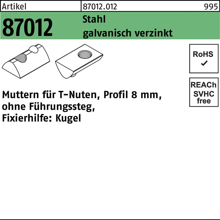 T-Nutenmutter R 87012 o.Führungssteg 8mm M6 Stahl galv.verz. 1000Stück