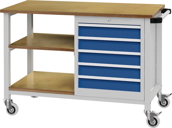 Werkbank B1200xT540xH880mm Buche Multiplex lichtgrau/signalblau 5 Schubl.