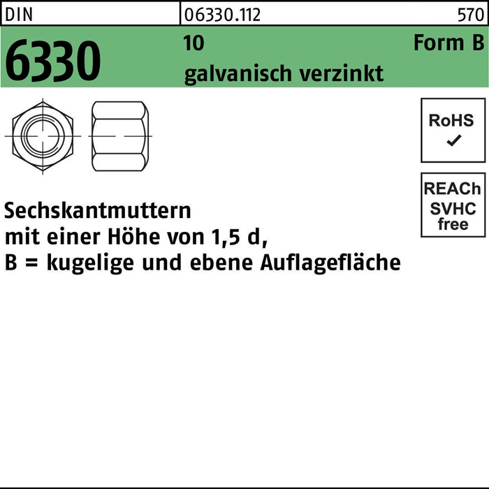 Sechskantmutter DIN 6330 FormB BM 20 SW 30 10 galv.verz. 10 Stück
