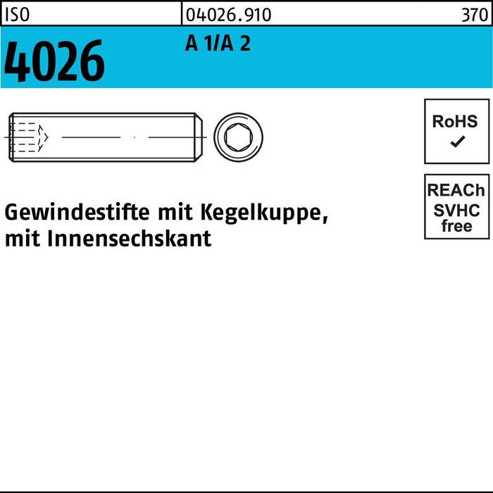 Gewindestift ISO 4026 Kegelkuppe/Innen-6kt M16x 25 A 1/A 2 10 Stück