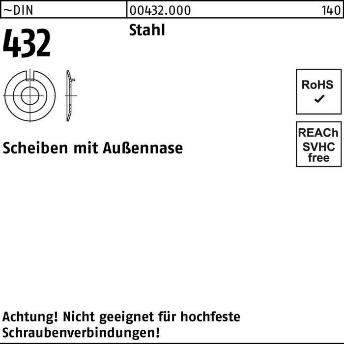 Scheibe DIN 432m.Außennase 4,3 Stahl 100 Stück