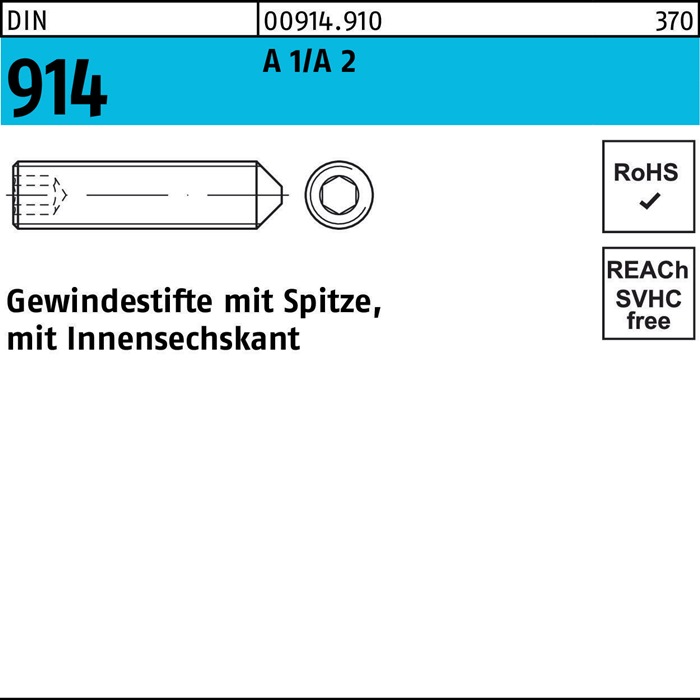 Gewindestift DIN 914 Spitze/Innen-6kt M10x 12 A1/A2 100 Stück