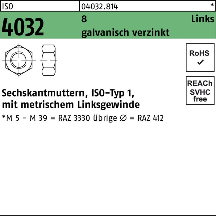 Sechskantmutter ISO 4032 links M5 8 galv.verz. 100 Stück