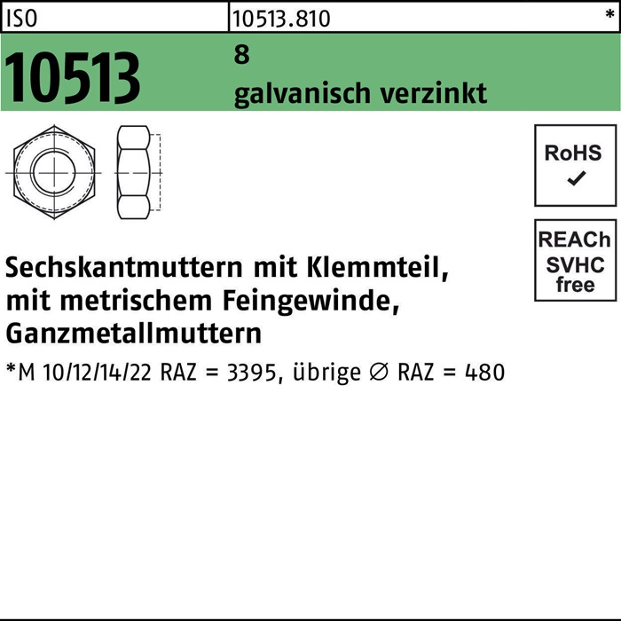 Sechskantmutter ISO 10513 m.Klemmteil M10x1 8 galv.verz. 100St.
