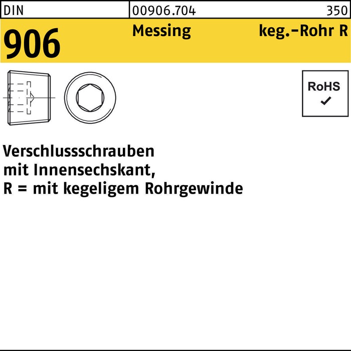 Verschlußschraube DIN 906 Innen-6kt R 3/8 Messing 50 Stück