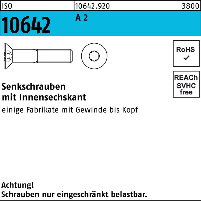 Senkschraube ISO 10642 Innen-6kt M20x 55 A 2 25 Stück