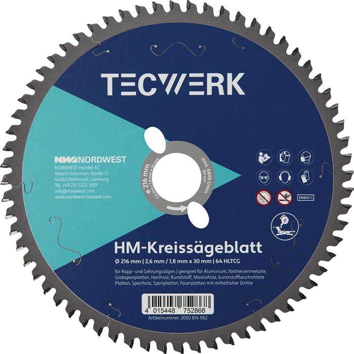 Kappkreissägeblatt AD 216mm Z.64 HLTCG Schnitt-B.2,6mm TECWERK