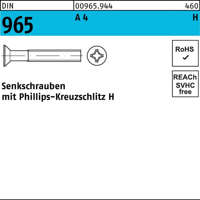 Senkschraube DIN 965 PH M6x 45-H A 4 200 Stück