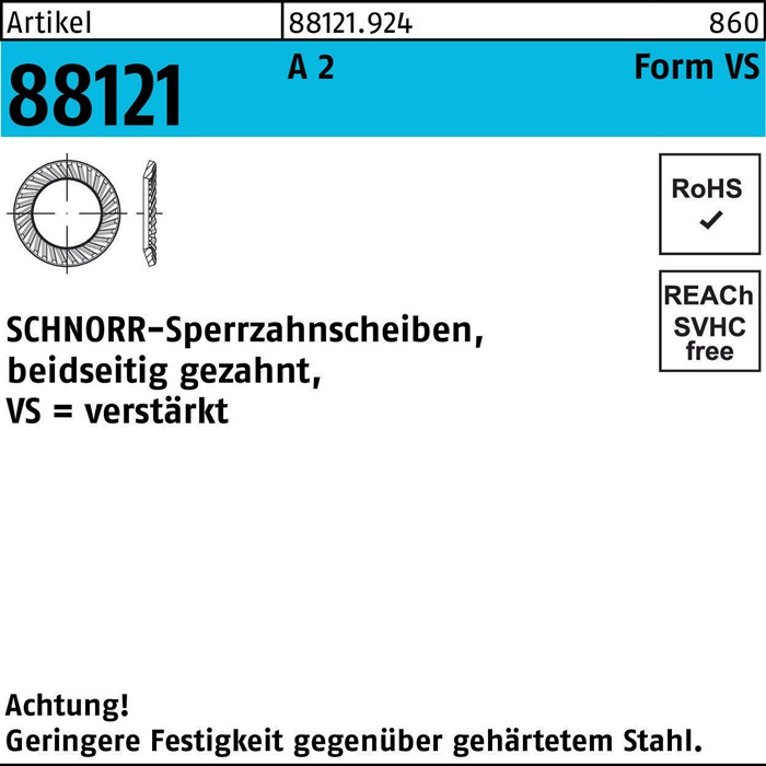 Sperrzahnscheibe R 88121 beids.gez. VS 8x13x1,2 A 2 1000 Stück SCHNORR