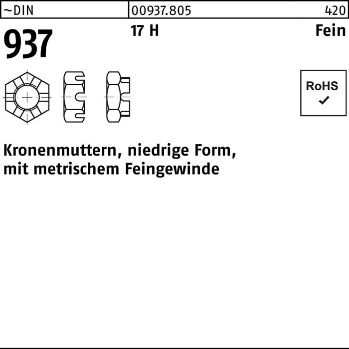 Kronenmutter DIN 937 niedrige Form M 35 x 1,5 17 H m.Feingewinde 10 Stück