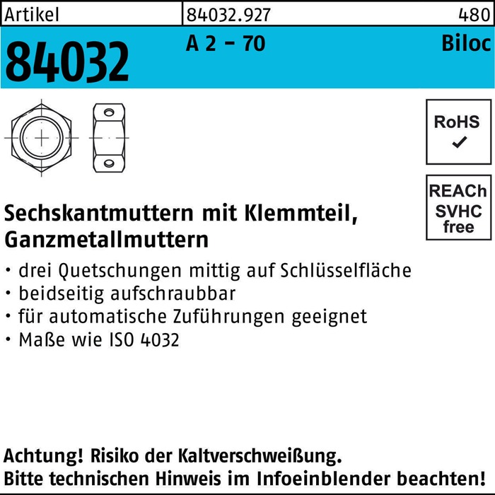 Sechskantmutter R 84032 Biloc Klemmteil M20 A 2 - 70 50 Stück