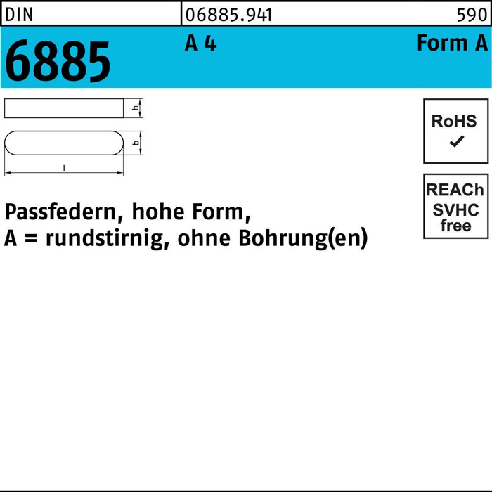 Passfeder DIN 6885 FormA rundstirnig/o.Bohrung A 14x 9x 63 A 4 5 Stück