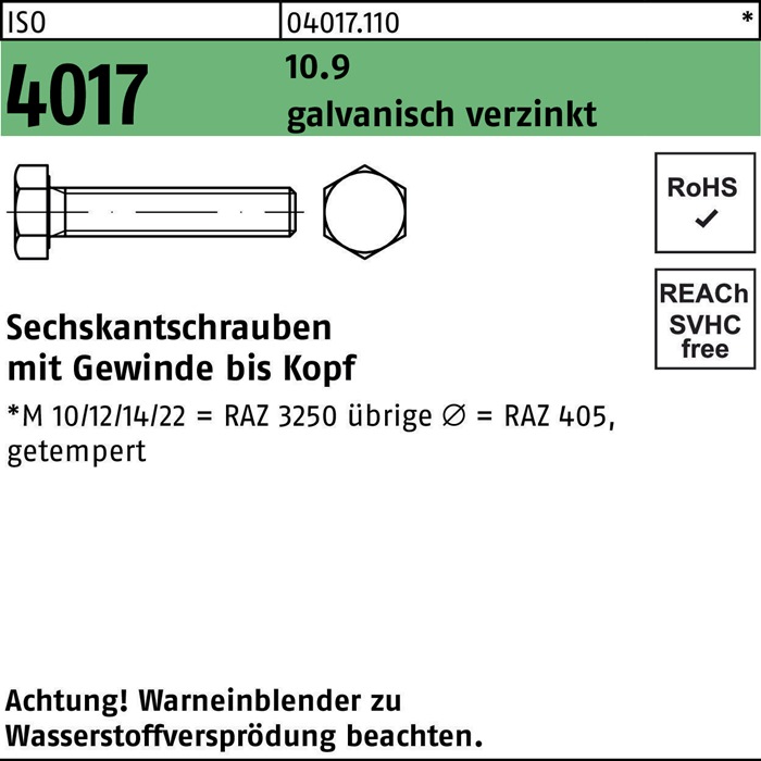 Sechskantschraube ISO 4017 VG M16x 110 10.9 galv.verz. 25 Stück