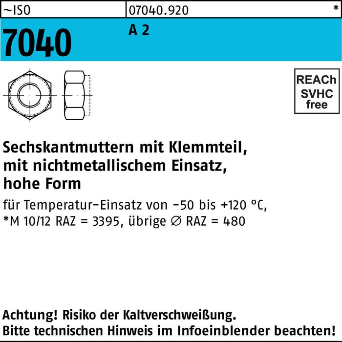 Sechskantmutter ISO 7040 Klemmteil M12 A 2 - 70 250 Stück