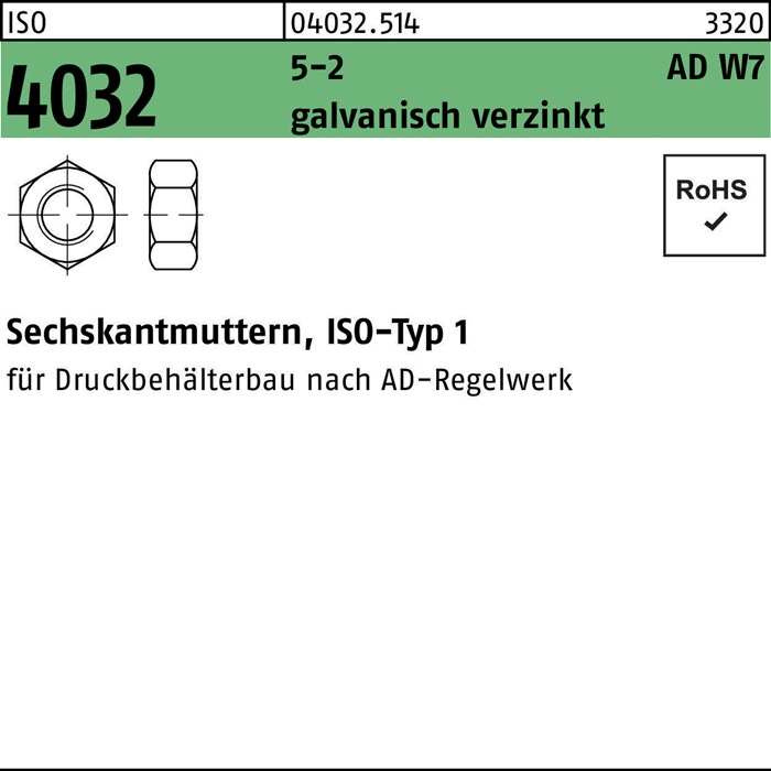 Sechskantmutter ISO 4032 M16 5-2 AD W7 galv.verz. 100 Stück