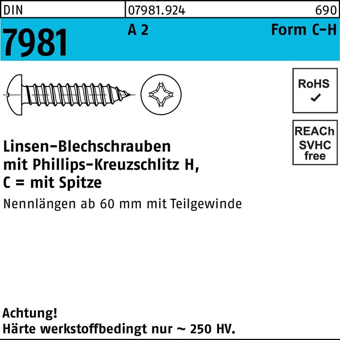 Blechschraube DIN 7981 LIKO PH C 3,5x 19-H A 2 100 Stück