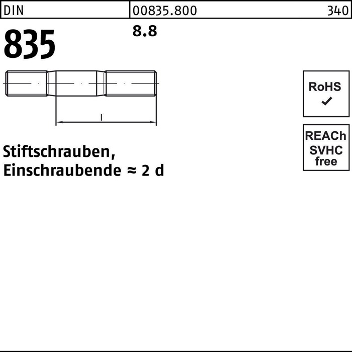 Stiftschraube DIN 835 M8x 25 8.8 Einschraubende=2d 100 Stück