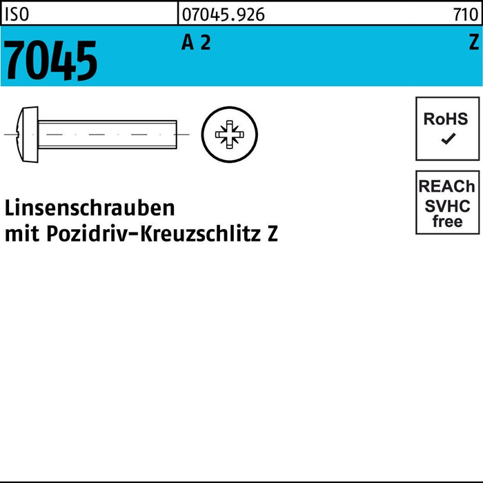 Flachkopfschraube ISO 7045 PZ M8x 50-Z A 2 200 Stück