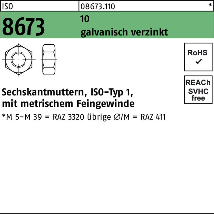 Sechskantmutter ISO 8673 M18x 1,5 10 galv.verz. 100 Stück