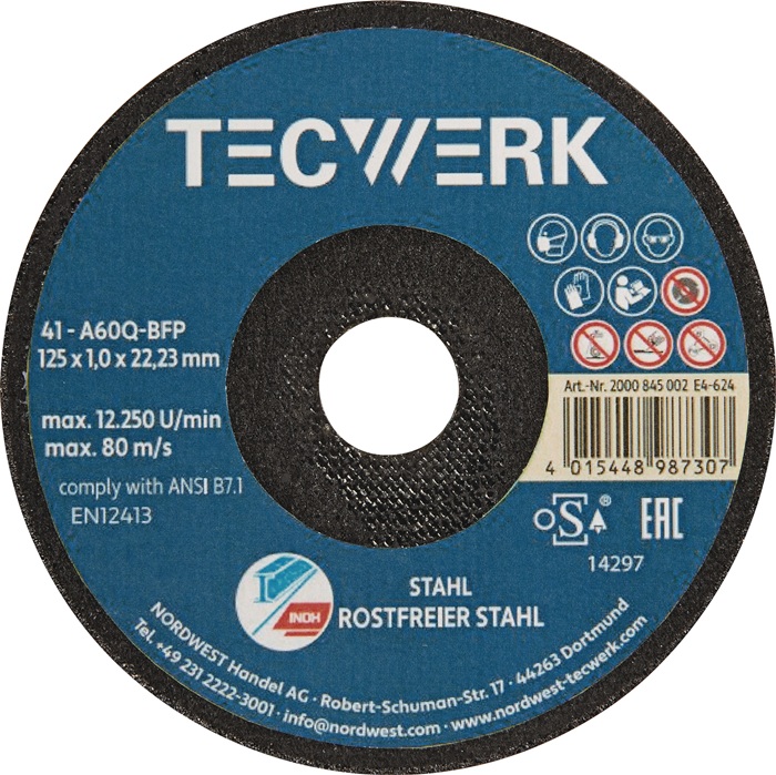 Premium-Trennscheibe 2in1 D125x1mm ger.INOX/Stahl Bohr.22,23mm TECWERK