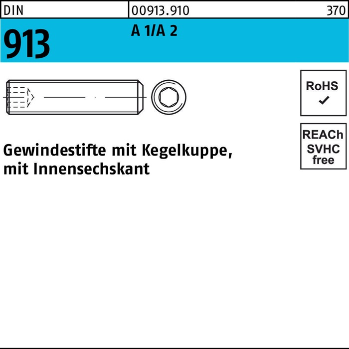 Gewindestift DIN 913 Kegelkuppe/Innen-6kt M8x 16 A 1/A 2 200 Stück