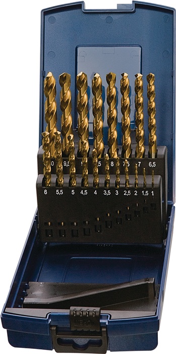 Spiralbohrersatz DIN 338 TypN D.1-10x0,5mm HSS TiN 19tlg.Ku.-Kass.TECWERK