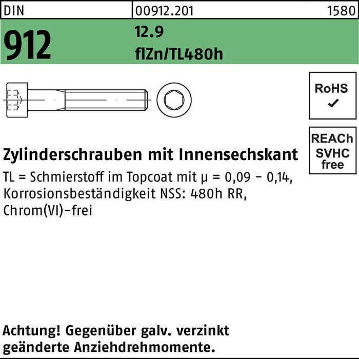Zylinderschraube DIN 912 Innen-6kt M6x45 12.9 flZnnc 480h-L 200St.