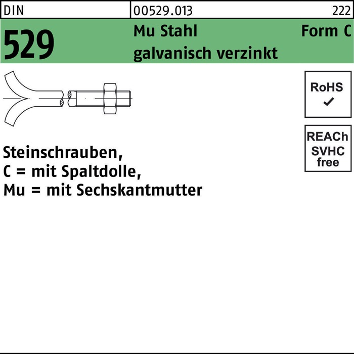 Steinschraube DIN 529 m.Spaltdolle/6-ktmutter CM 16x250 Mu 3.6 galv.verz. 10St.