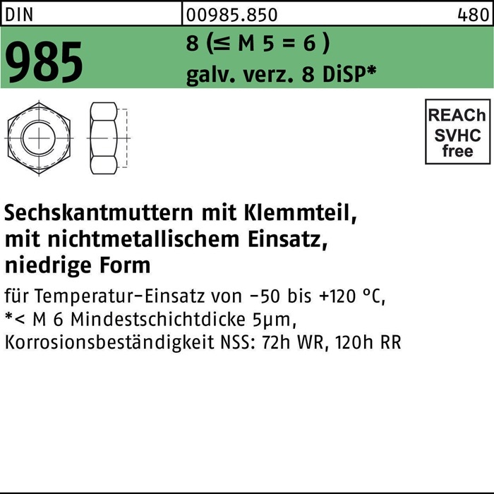 Sechskantmutter DIN 985 Klemmteil M4 8 (=M5 = 6 ) galv.verz. 8 DiSP 100St.