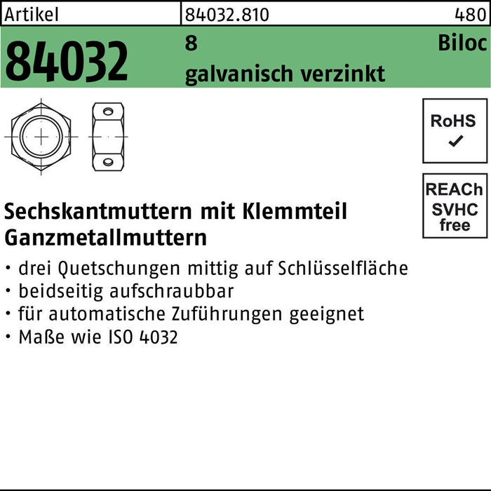 Sechskantmutter R 84032 Biloc Klemmteil M16 8 galv.verz. 200 Stück