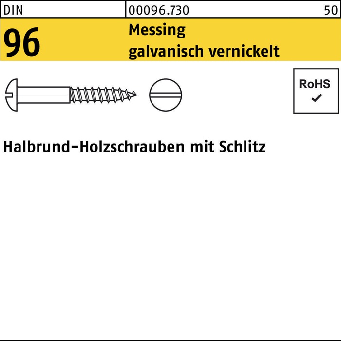 Holzschraube DIN 96 Halbrundkopf Schlitz 4x16 Messing galv. vernickelt 200St.