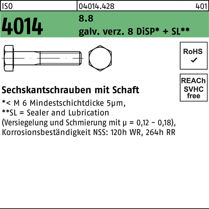 Sechskantschraube ISO 4014 Schaft M8x130 8.8 galv.verz. 8 DiSP+SL 100St.