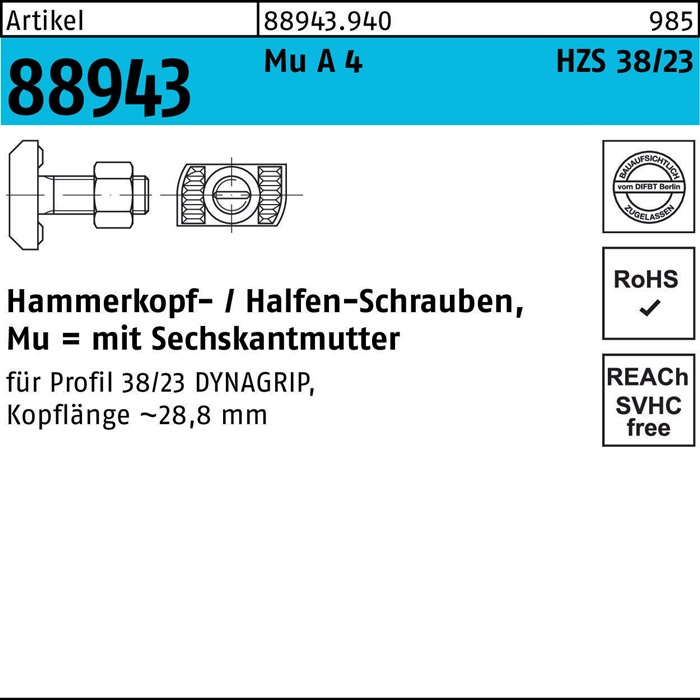 Hammerkopfschraube R 88943 6-ktmutter M16x 60 Mu A 4 25 Stück HALFEN