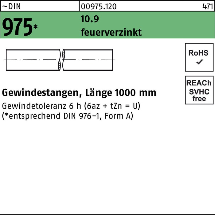 Gewindestange DIN 975 M20x 1000mm 10.9 feuerverz. 1 Stück