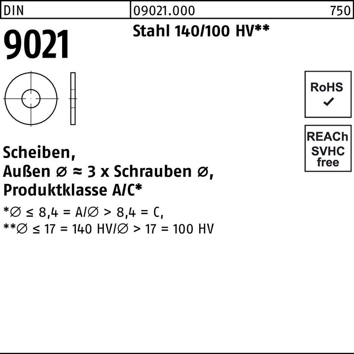 Unterlegscheibe DIN 9021 10,5x30x2,5 Stahl 140/100 HV 100 Stück