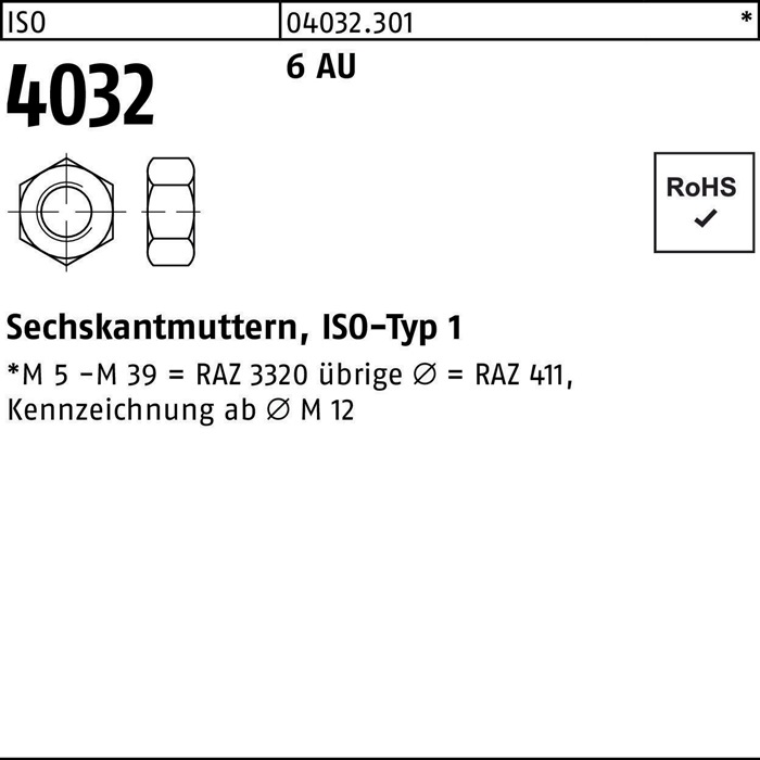 Sechskantmutter ISO 4032 M3,5 6 Automatenstahl 100 Stück