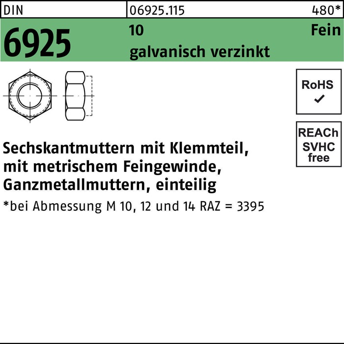 Sechskantmutter DIN 6925 Klemmteil M20x 1,5 10 galv.verz. 50 Stück