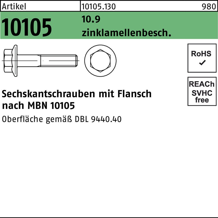 Sechskantflanschschraube R 10105 M16x 1,5x 55 10.9 flZnnc-L 50 Stück