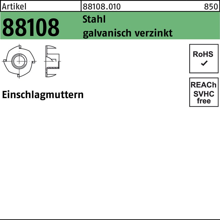 Einschlagmutter R 88108 M10x13x11,9 Stahl galv.verz. 100 Stück