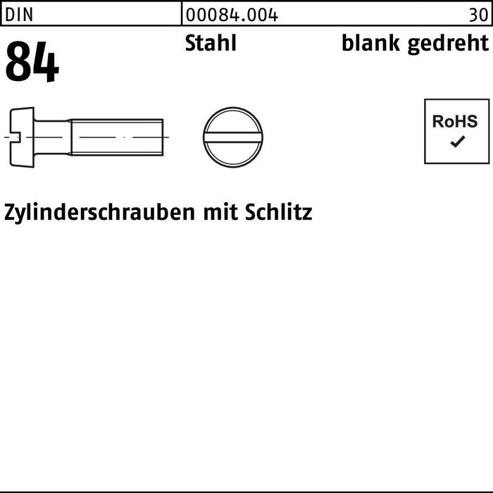 Zylinderschraube DIN 84 m.Schlitz M1,4x 2 Stahl blank gedreht 100 Stück