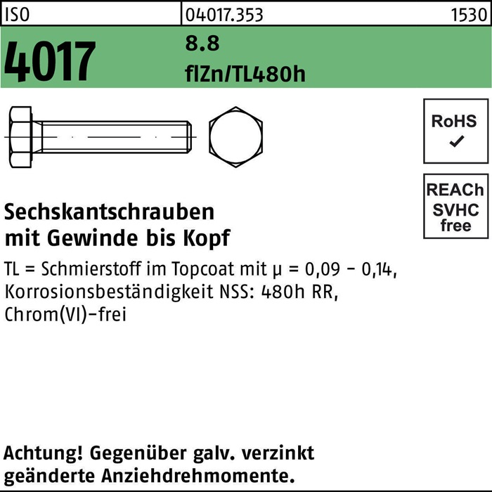 Sechskantschraube ISO 4017 VG M6x14 8.8 flZnnc 480h-L 500St.