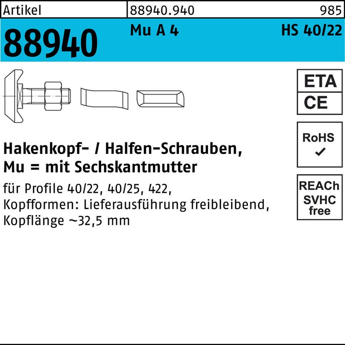 Hammerkopfschraube R 88940 40/22 6-ktmutter M12x 50 Mu A 4 25St. HALFEN