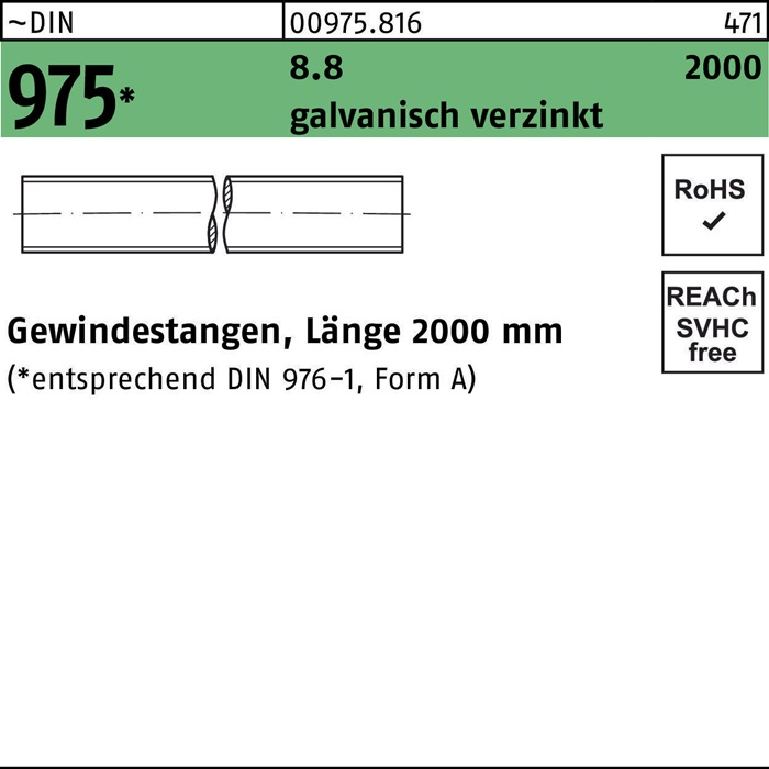 Gewindestange DIN 975 M16x 2000mm 8.8 galv.verz. 1 Stück