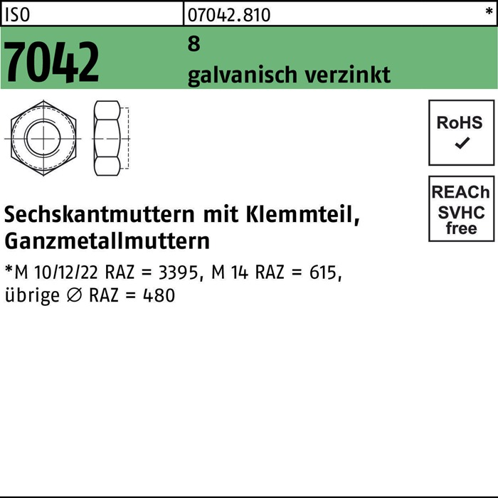 Sechskantmutter ISO 7042 Klemmteil M30 8 galv.verz. 10 Stück